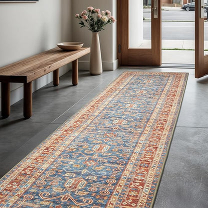 GLN Rugs Traditional Collection - Machine Washable Area Rug, Traditional Washable, Non Slip, Low Pile Chenille Rug, Living Room, Bedroom, Kitchen Rug (2'6" x 10' Terra/Slate Blue)