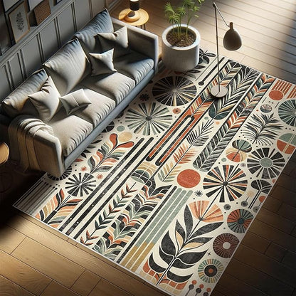 Ambesonne Bohemian Decorative Rug, Retro Mid Century Inspired Abstract Patterns on Ivory Background, Quality Carpet for Bedroom Dorm and Living Room, 2' x 5', Dark Orange and Reseda Green