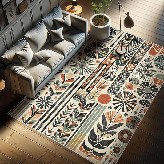 Ambesonne Bohemian Decorative Rug, Retro Mid Century Inspired Abstract Patterns on Ivory Background, Quality Carpet for Bedroom Dorm and Living Room, 2' x 5', Dark Orange and Reseda Green