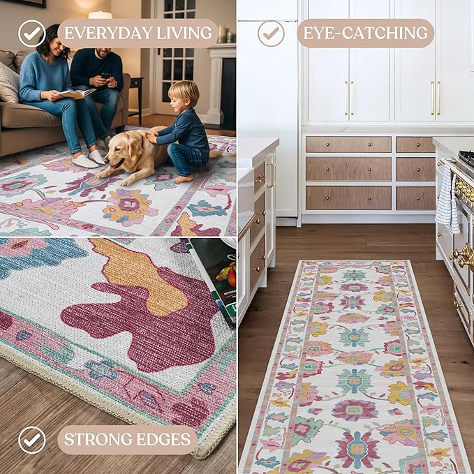 Fame Living Pink Oushak Rug, Modern Small Rugs, Vintage, Turkish, Eclectic, Floral, Pastel, Washable, Door mat, Doormat for Indoor Entrance, Entryway, Kitchen, Bathroom, Bedroom, Laundry, 2'x3'