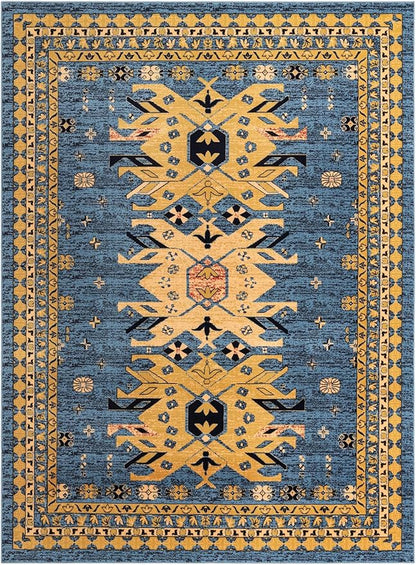Unique Loom Taftan Collection Border Geometric Tribal Inspired Design Area Rug (9' 10 x 13' 0 Rectangular, Light Blue/ Gold)