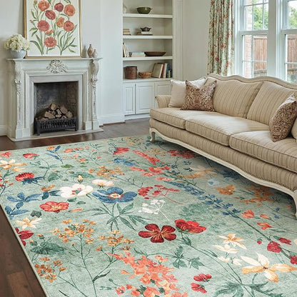 Green Area Rug 6x9 Floral Washable Living Room Kitchen Boho Carpet Non Slip Low Pile Indoor Accent Lightweight Soft Throw Rug for Bedroom Office Dining Room Nursery Farmhouse