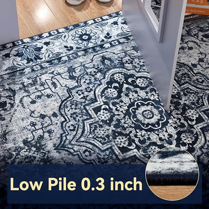 YJ.GWL Area Rugs for Living Room 6x9 Machine Washable Rugs, Non Slip Floral Vintage Rug Indoor Carpet, Stain Resistant Large Rug for Bedroom Dining Room, Navy Blue