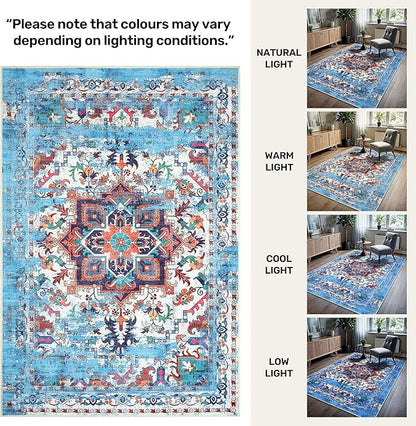GLN Rugs Traditional Collection - Machine Washable Area Rug, Traditional Washable, Non Slip, Low Pile Chenille Rug, Living Room, Bedroom, Kitchen Rug (9' x 12' Blue/Multicolor)