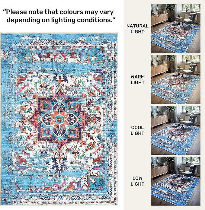 GLN Rugs Traditional Collection - Machine Washable Area Rug, Traditional Washable, Non Slip, Low Pile Chenille Rug, Living Room, Bedroom, Kitchen Rug (8' x 10' Blue/Multicolor)