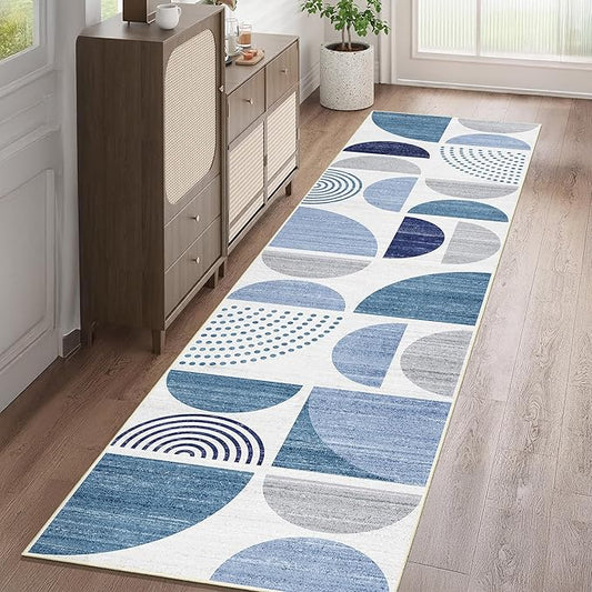 MUJOO Runner Rug Washable,Blue 2x8 Area Rugs for Hallways Kitchen Bedroom Entryway Bathroom,Non Slip Carpet Long Mat Indoor,Boho Soft Modern Abstract Navy Blue