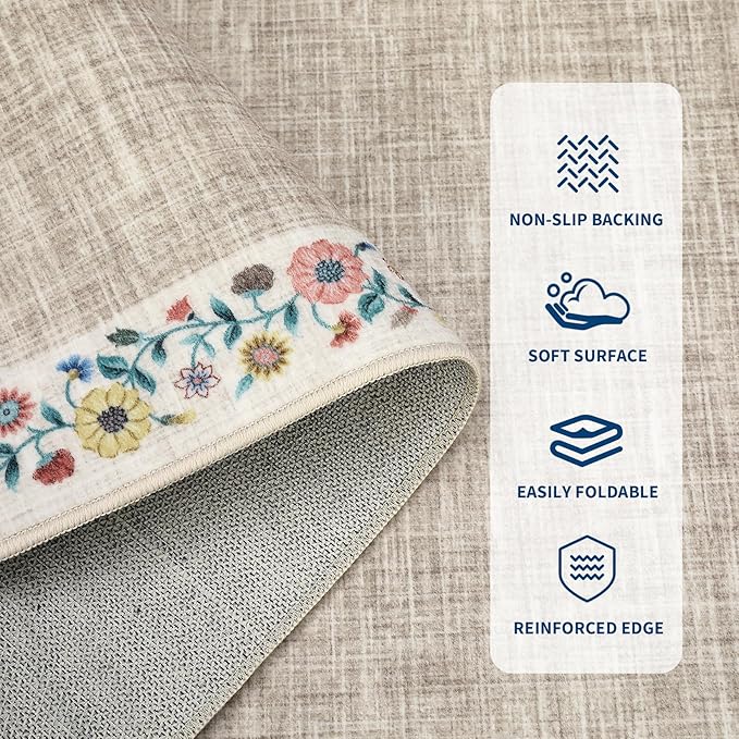 GarveeHome Washable Rugs for Living Rom 8 x 10 Large Area Rug Farmhouse Floral Bordered Bedroom Carpet Indoor Non-Slip Nursery Mat Soft Non Shedding Stain Resistant Carpet for Dining Room, Light Camel