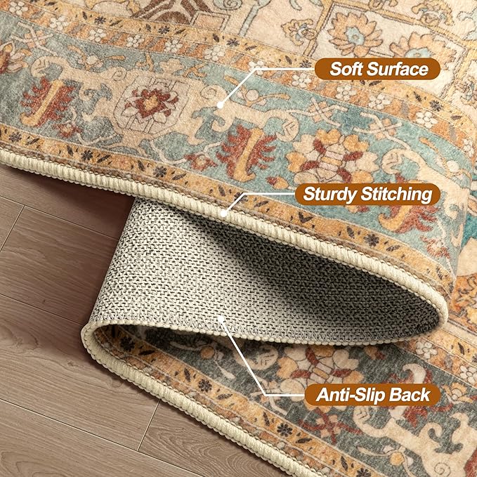 Tangsoo 5x7 Area Rug Washable for Living Room, Vintage Rug Indoor Non Slip Large Area Rugs, Print Distressed Orange Carpet, Soft Low Pile Foldable Floor Rug for Bedroom Dining Room Dorm