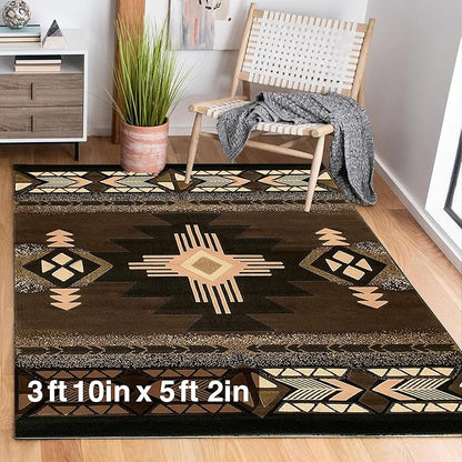 YHSF South West Native American Area Rug C318 - Easy Clean, Thick, Soft, Durable Native Tribal American Indian Inspired Rug for Bedroom/Living Room and More - Chocolate Brown, 3 ft 10 in x 5 ft 2 in