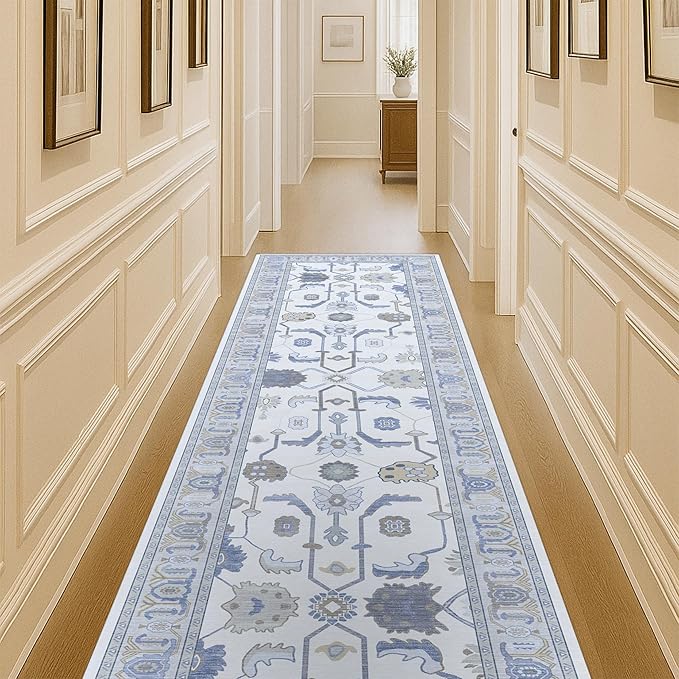 Fame Living Cream Blue Oushak Runner Rug, Modern Runners, Vintage, Turkish, Eclectic, Floral, Pastel, Washable, Runner for Hallway, Kitchen, Bedroom, Bathroom, 2'5"x9'8"