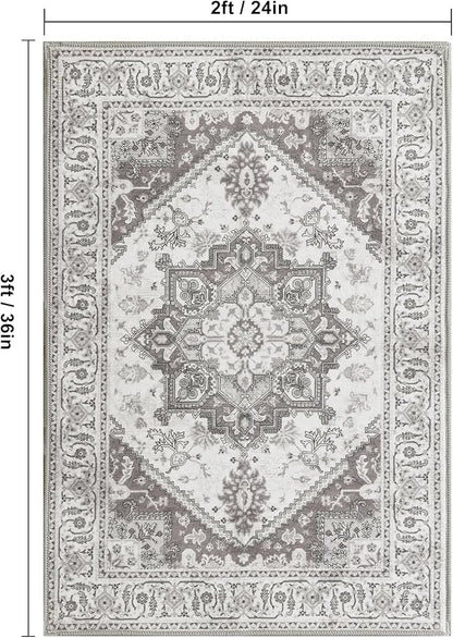XWZO Entryway Area Rug 2x3ft — Soft Vintage Low Pile Non-Slip Backing Door Floor Mat for Bedroom Bathroom Kitchen Laundry, Spill Resistant Washable Small Indoor Carpet for Doorway & Entrance, Grey