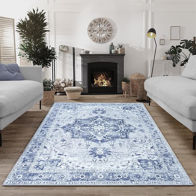 Bloom Rugs Washable Non-Slip 9' x 12' Rug - Gray/Blue Traditional Medallion Area Rug for Living Room, Bedroom, Dining Room, and Kitchen - Exact Size: 9' x 12'