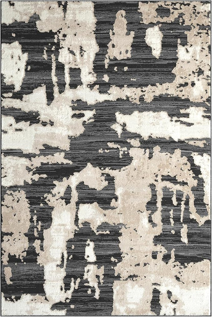 Abani Terra Cream Area Rug for Living Room, Bedroom - Black Abstract Pattern - 2' x 3' - Durable & Easy to Clean