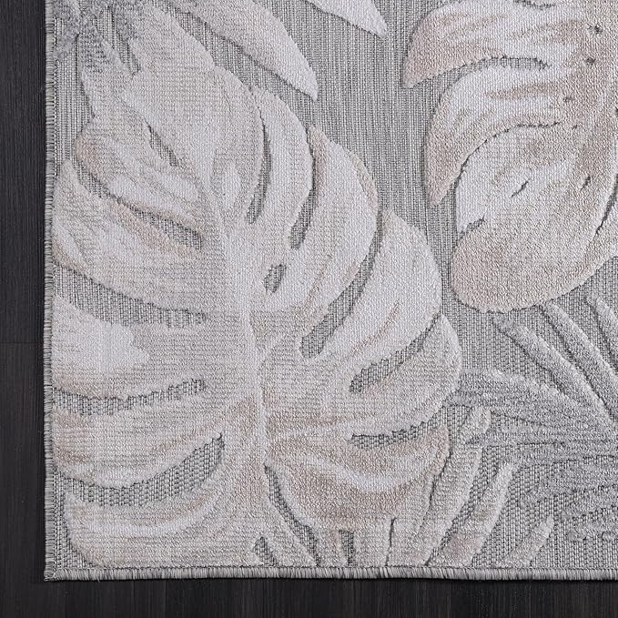 CAMILSON Indoor Outdoor Rug, Beige 9’x12’ Leaf Tropical Botanical Area Rugs for Indoor and Outdoor patios, Easy-Cleaning Non-Shedding Living Room, Garden and Kitchen Washable Outside Carpet (9x12)