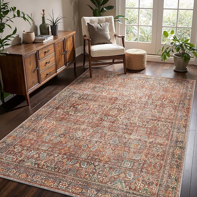 6x9 Area Rug Machine Washable Boho Rug for Living Room,Ultra-Thin Low Pile Carpet,Lightweight Printed Rug,Non Slip Floral Area Rug for Bedroom, Dining Room, Home Office,Terracotta/Indigo