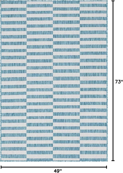 Unique Loom Outdoor Striped Collection Area Rug - Striped (4' 1" x 6' 1" Rectangle, Light Aqua/Ivory)