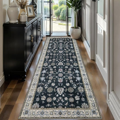 Tangsoo 2.6x8 Hallway Runner Rug, Floral Vintage Washable Non-Slip Runner Rug for Hallway Entryway Indoor, Black Print Carpet,Soft Low Pile Long for Kitchen Bedroom