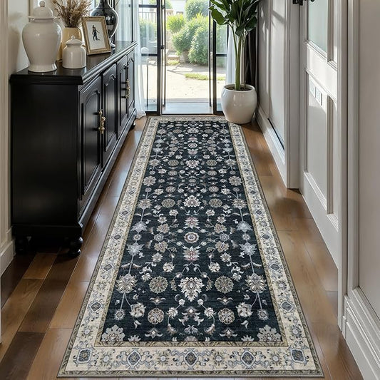 Tangsoo 2.6x8 Hallway Runner Rug, Floral Vintage Washable Non-Slip Runner Rug for Hallway Entryway Indoor, Black Print Carpet,Soft Low Pile Long for Kitchen Bedroom
