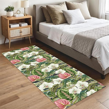 Runner Rug 4x12ft Non-Slip - Tropical Floral Watercolor Boho with Orchids & Leaves - Washable Entryway Carpet for Hallway, Bedroom, Dining Room - Green Pink Design