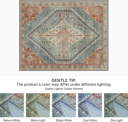 Bavni Washable Rug 8x10 Area Rug for Living Room Bedroom Dining, Washable Vintage Print Carpet, Ultra-Thin Chenille Low Pile Lightweight Rug with Non Slip Backing, Light Red/Blue