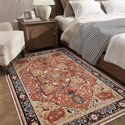 EnHomee 4x6 Washable Area Rugs for Bedroom, Boho Vintage Rugs, Foldable Area Rug for Dining Room, Non-Slip Soft Living Room Rug, Low Pile Large Carpet for Bathroom, Red
