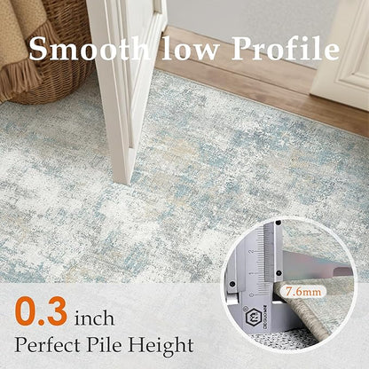 10x12 Area Rug Blue Cream Abstract Living Room Bedroom Washable Carpet Neutral Modern Non-Slip Soft Low Pile Lightweight Vacuumable Large Throw Rug for Dining Room
