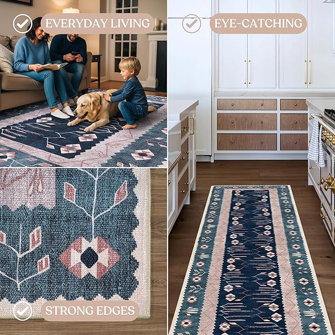 Washable Area Rug, Modern Farmhouse, Vintage, Turkish, Bohemian, Distressed, Oriental, Traditional, Rugs for Living Room, Dining, Bedroom, Office, Entryway, Foyer, (862CN, 2' x 3')