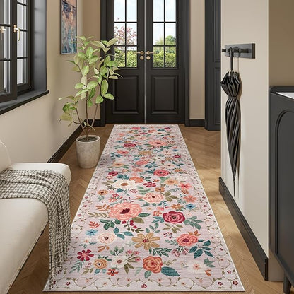 DUKINO 2x10 Runner Rug for Hallway, Washable Kitchen Runner Rug with Non Slip Backing, Low Pile Soft Boho Floral Carpet Carpet for Kitchen, Hallway, Entryway, Laundry, Bedroom, Beige