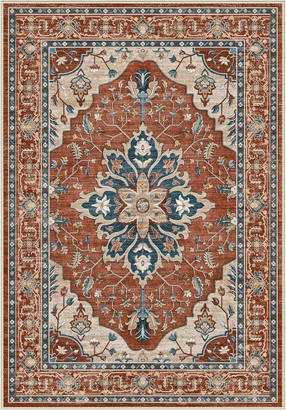 Area Rugs 2'x3' Washable Non-Slip, Floral Vintage Distress Print Pattern Medallion Carpet for Living Room Bedroom Dining Room, Red Orange Blue Brown
