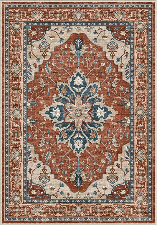 Area Rugs 2'x3' Washable Non-Slip, Floral Vintage Distress Print Pattern Medallion Carpet for Living Room Bedroom Dining Room, Red Orange Blue Brown