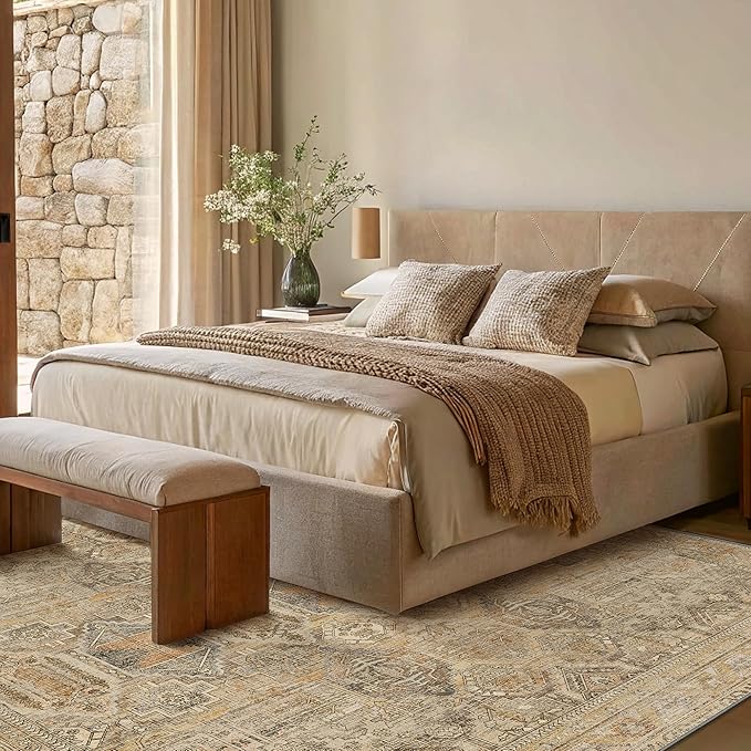 Bavni Washable Rug 9x12 Area Rug for Living Room Bedroom Dining, Washable Vintage Print Carpet, Ultra-Thin Chenille Low Pile Lightweight Rug with Non Slip Backing, Wood