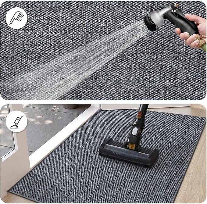 LUMI Ultra Thin Indoor Door Mat for Entrance 32"x48", Non Slip Entryway Mat, Low Profile Doormat, Unique Herringbone Design Carpet for Inside, Patio, Porch, Medium Gray