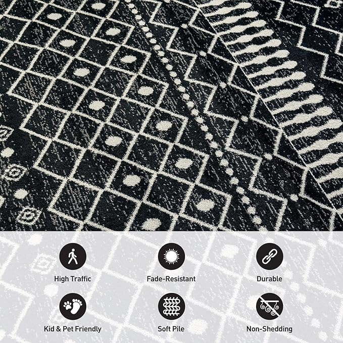 Rugshop Boho Black and White Tribal Area Rug – Geometric Diamond and Stripe Pattern Carpet for Living Room, Bedroom, or Entryway – Soft Modern Bohemian Floor Décor 4' x 6' Black