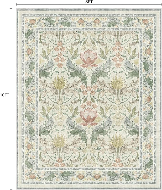Bavni 8x10 Area Rugs for Living Room, Microfiber Machine Washable Non-Slip Vintage Floral Rug, Low Pile Lightweight Carpet for Bedroom, Dining Room, Home Office, Beige&Green