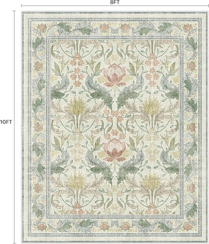 Bavni 8x10 Area Rugs for Living Room, Microfiber Machine Washable Non-Slip Vintage Floral Rug, Low Pile Lightweight Carpet for Bedroom, Dining Room, Home Office, Beige&Green