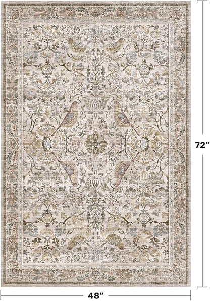 Large Washable Living Room Area Rug, Moss 4x6 Oriental Rug for Bedroom Beside Bed, Kitchen, Mudroom, Entryway, Vintage Home Décor, Non Slip Soft Stain Resistane Carpet with Bird Pattern