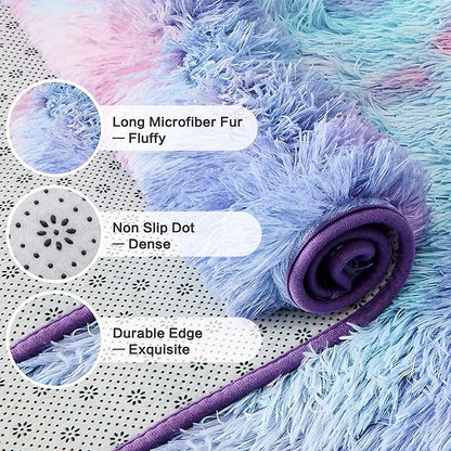 Andency Soft Area Rugs for Living Room Bedroom, 4x6 Fluffy Shaggy Bedside Rug, Non-Slip Large Shag Fuzzy Plush Carpets for Bedroom Kids Dorm Nursery Home Decor Aesthetic, Tie-Dyed Unicorn Rainbow