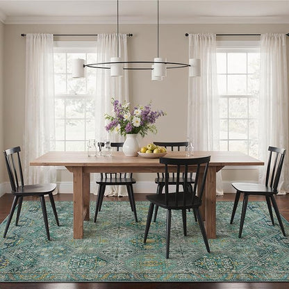 Bavni 8x10 Area Rugs for Living Room, Machine Washable Rug Non Slip, Vintage Chenille Distressed Print Carpet, Large Low Pile Ultra-Thin Lightweight Rugs for Bedroom, Dining Room, Home, Office, Cyan
