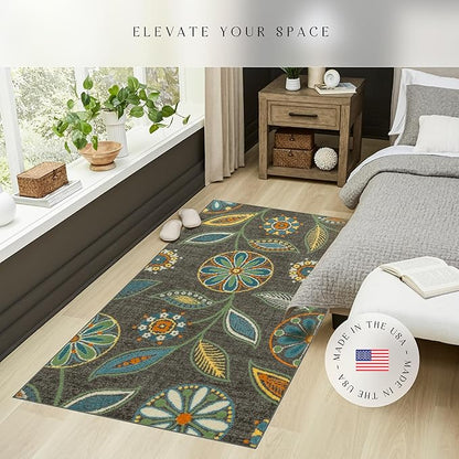 Maples Rugs Reggie Floral Area Rug - Made in USA - Washable, Non Slip, Pet-Friendly Mats for Living Room, Bedroom, and Office, 3'4" x 6', Dark Grey