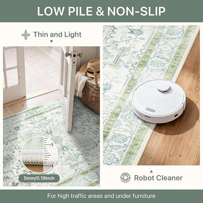8x10 Area Rugs for Living Room, Machine Washable Non Slip Vintage Rugs, Low Pile Lightweigt Print Indoor Rug for Bedroom, Dining Room, Home Office, Cream Green