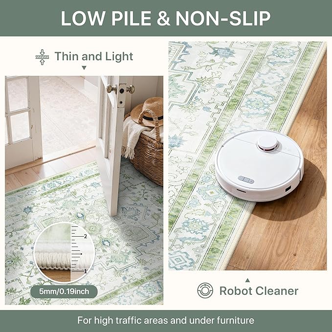 5x7 Area Rugs for Living Room, Machine Washable Rug, Non Slip Vintage Rugs, Low Pile Lightweight Print Rug for Bedroom, Dining Room, Home Office, Cream Green