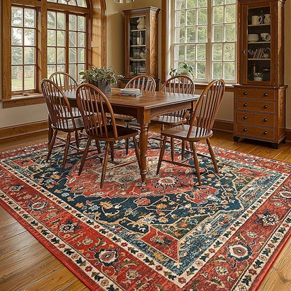 YJ.GWL Area Rugs for Living Room 8x10 Machine Washable Rugs, Non Slip Floral Vintage Rug Indoor Carpet, Stain Resistant Large Rug for Bedroom Dining Room, Orange-Red