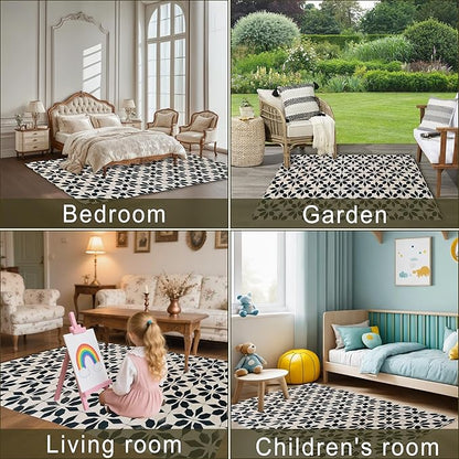 Black Beige Vintage Washable 5x7 Area Rugs for Living Room, Thin Low Pile Contemporary Carpet, Non-Slip Base Lightweight Rug