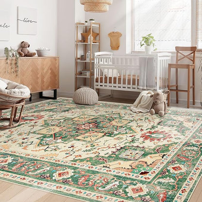 Area Rug 5x7 Washable Rug, Vintage Boho Medallion Rugs Non-Slip Soft Low Pile Large Distressed Rug Indoor Retro Carpet for Living Room Bedroom Dining Room Home Office (Green Beige, 5'x7')