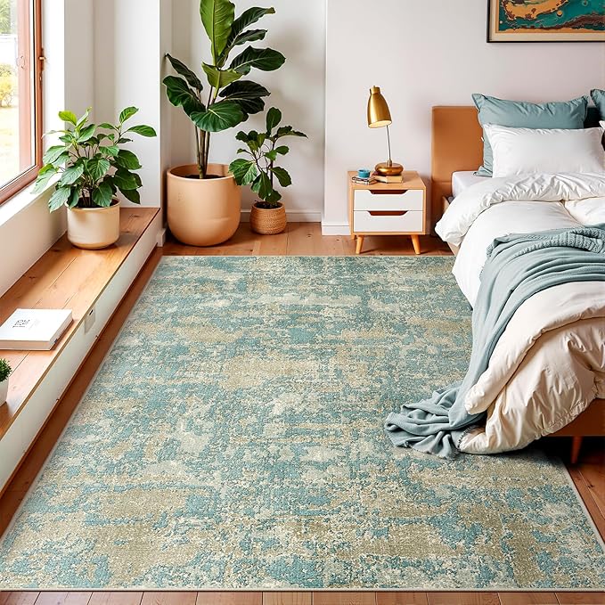WITSHOCK Living Room Area Rugs 5x7：Modern Abstract Machine Washable Large Rug for Bedroom Dining Room Non-Slip Stain Resistant Home Office Decor,Teal Brown