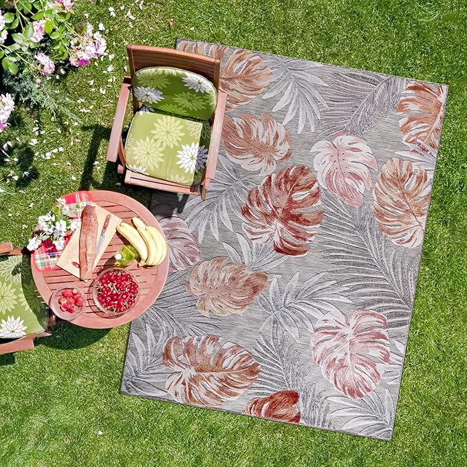 CAMILSON Indoor Outdoor Rug, Multi 4x6 Leaf Tropical Botanical Area Rugs for Indoor and Outdoor patios, Easy-Cleaning Non-Shedding Living Room, Garden and Kitchen Washable Outside Carpet (4 x 6)