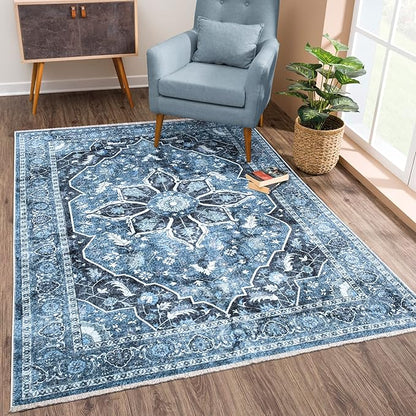Bloom Rugs Caria Washable Non-Slip 6x9 Rug - Blue/Charcoal Traditional Area Rug for Living Room, Bedroom, Dining Room, and Kitchen - Exact Size: 6' x 9'