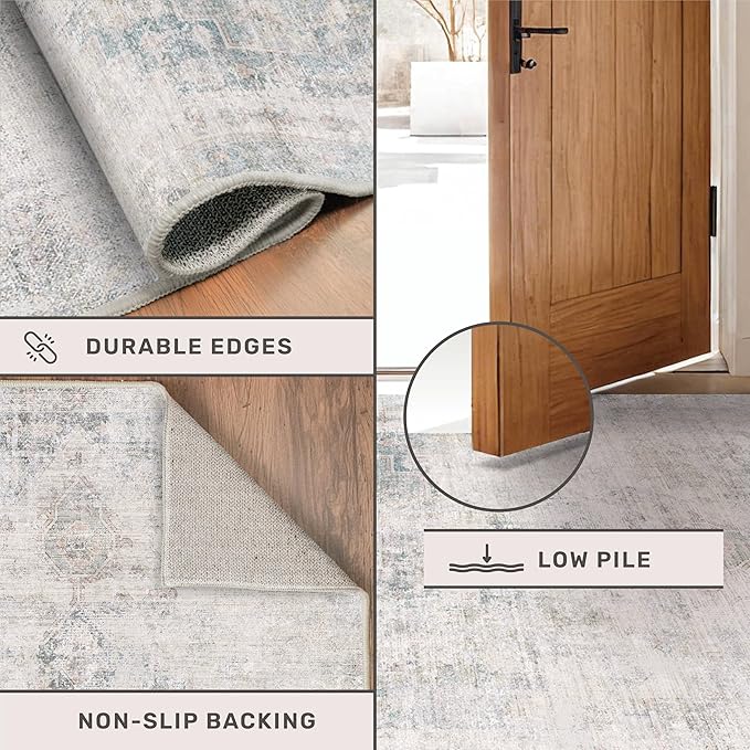 Washable 6x9 Bedroom Rug - Blue Grey Modern Rug for Living Room, Dining Room Table, Non Slip Soft Faded Print Mat