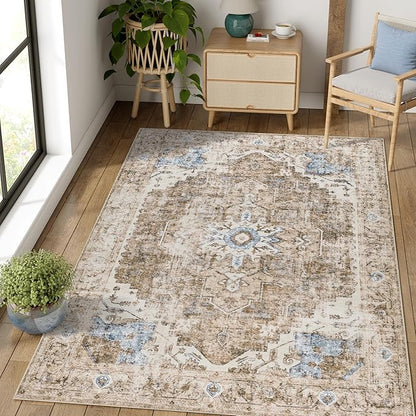 jinchan Kelda Area Rug 5x7 Washable Bedroom Rug Vintage Soft Indoor Floor Cover Retro Distressed Mat Accent Lightweight Non-Slip Thin Carpet for Kitchen Bathroom Living Room Brick Red