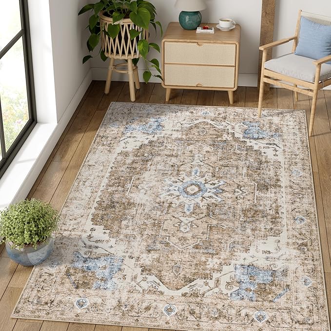 jinchan Kelda Area Rug 6x9 Washable Living Room Rug Vintage Soft Indoor Large Floor Cover Retro Distressed Mat Accent Lightweight Non-Slip Thin Carpet for Kitchen Bathroom Bedroom Brick Red